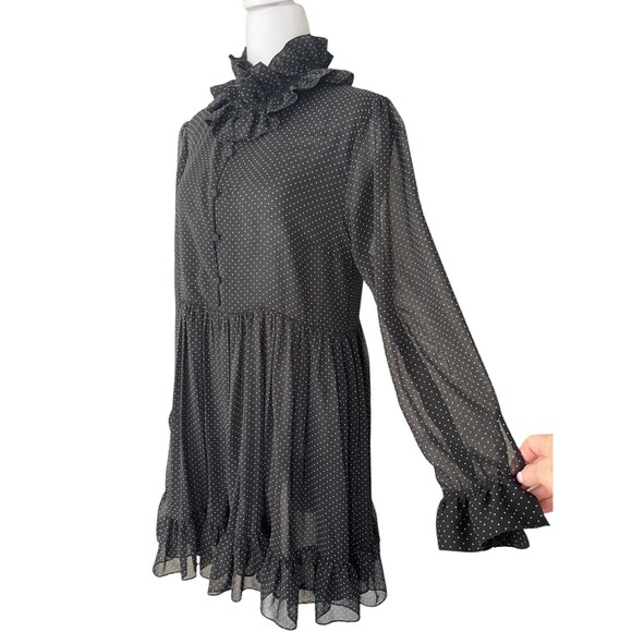 ZARA Ruffled Dress Size XL Black Micro Dot Ruffled Neck Sheer Ruffled Sleeves - Picture 5 of 16